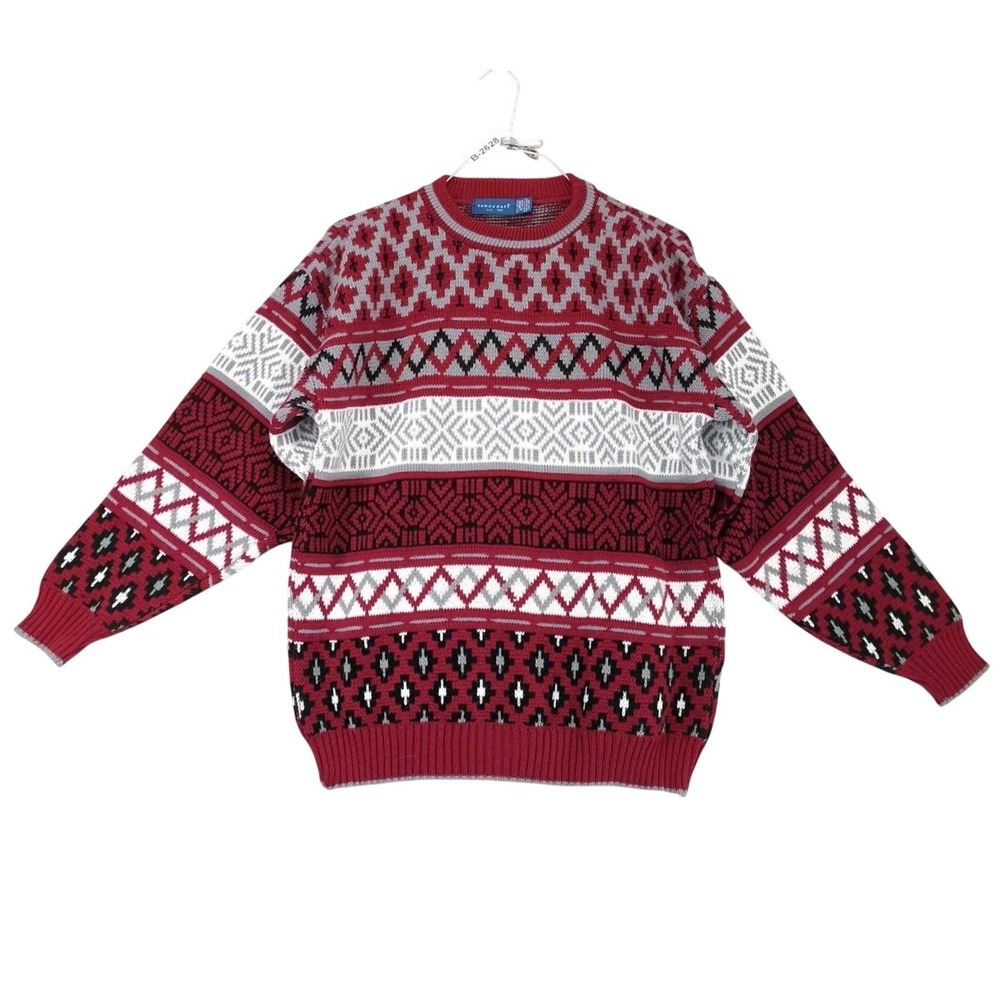 Vintage 80s 90s Towncraft Red Geometric Pullover Sweater Mens L Made USA Winter